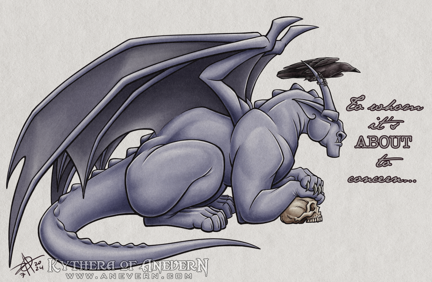 Digital drawing of a grayish-purple gargoyle in profile in a pose similar to a cat 'loafing.' The gargoyle's front paws are resting on a human skull. The claws of one of the front paws are extended. A black crow is perched on one of the gargoyle's horns. Both animals seem to be staring at someone or something outside the right side of the image. Text on the image reads 'To whom it's ABOUT to concern...'