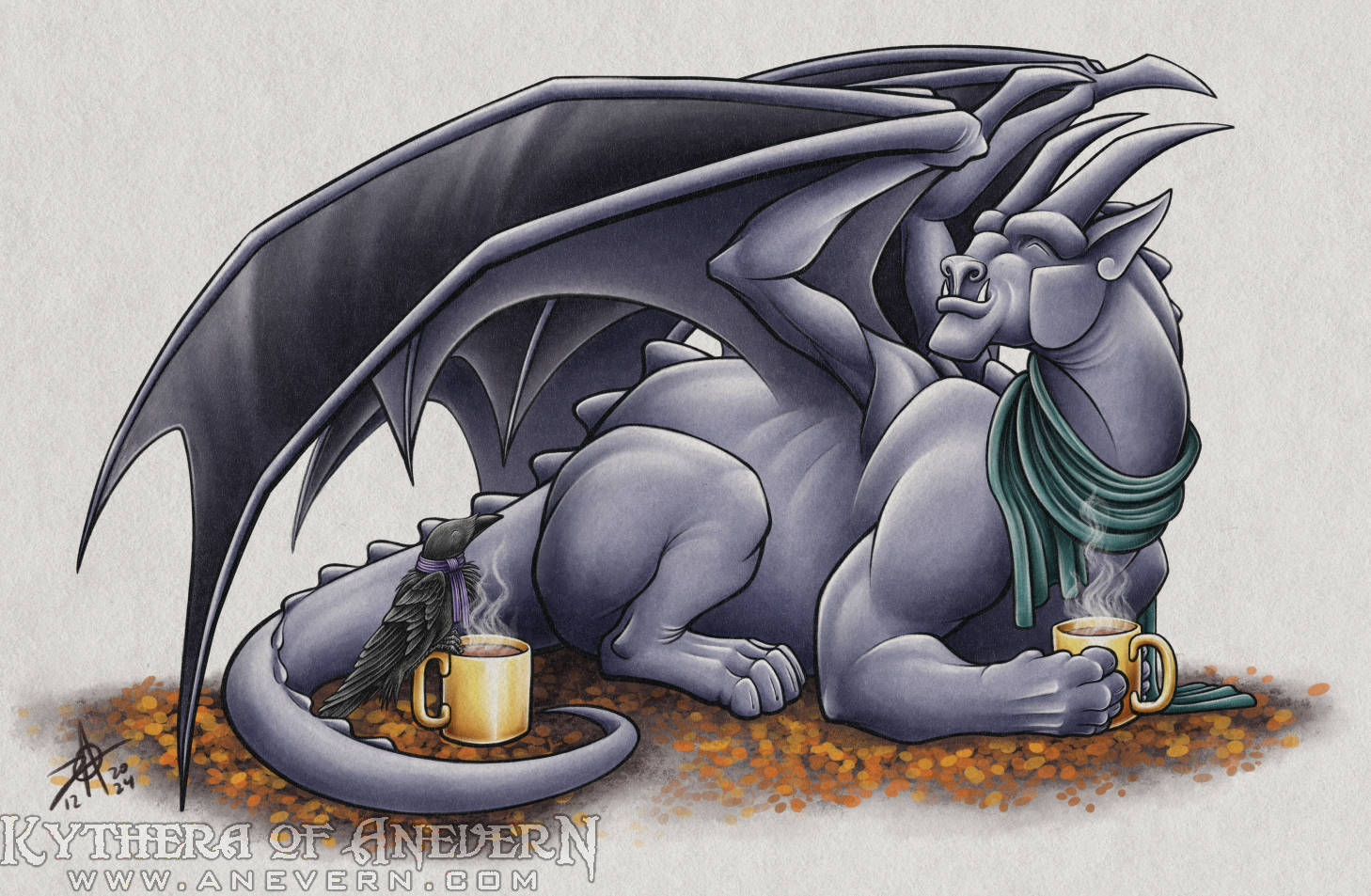 Digital drawing of a grayish-purple gargoyle and black crow. The gargoyle is reclining in a pose similar to a cat 'loafing' wile holding a yellow coffee mug between its front paws. The crow is perched on the rim of another yellow coffee mug. Both mugs have steam rising from the contents. The crow is wearing a crow-sized purple scarf. The gargoyle is wearing a teal scarf. Both animals look content while resting on a pile of fallen yellow and orange leaves.