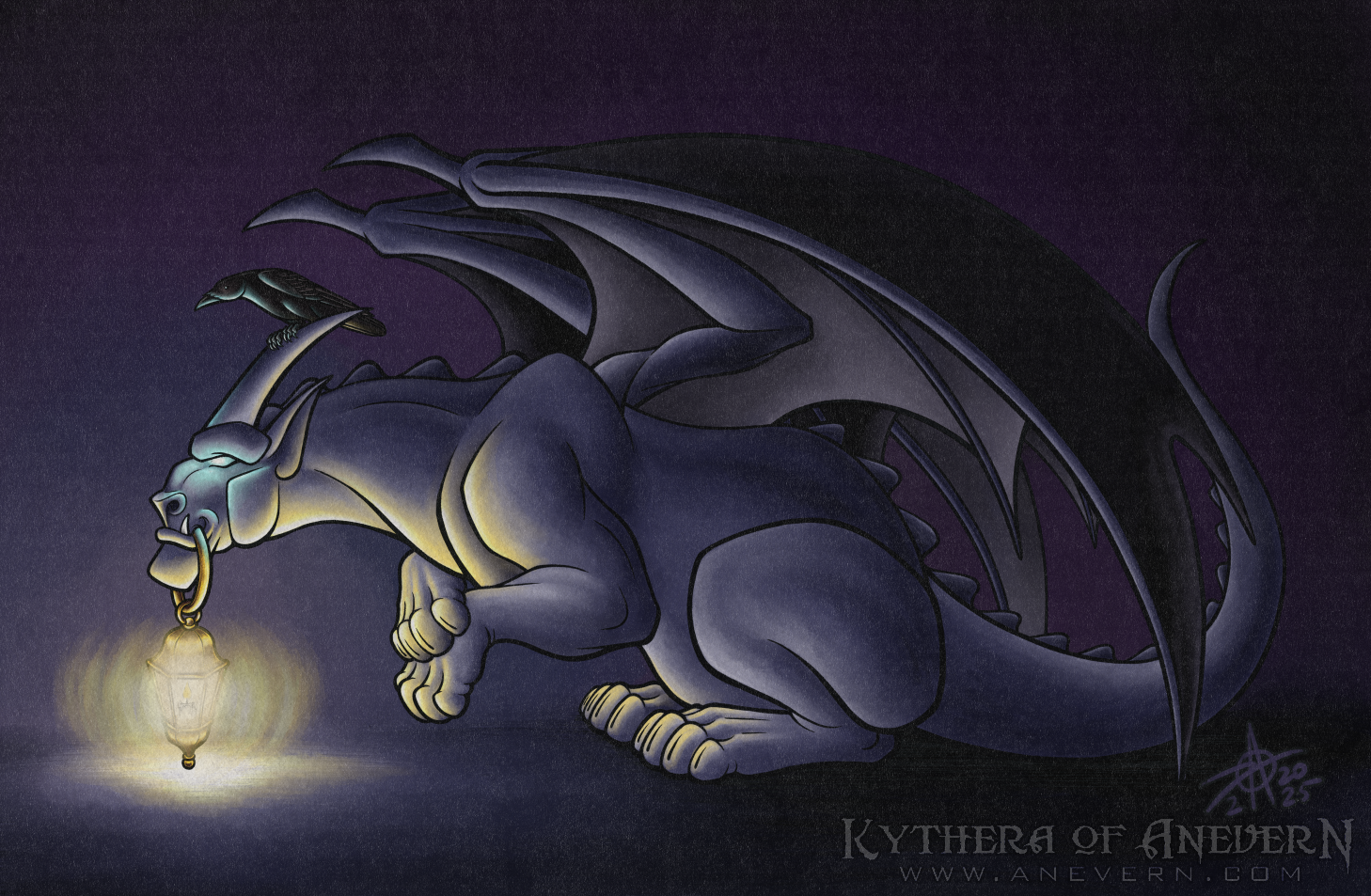 Digital drawing of a friendly-looking grayish-purple gargoyle in profile, facing the left sideof the image. The gargoyle is sitting on its haunches while leaning forward with its forelegs tucked up and neck outstreched while holding a large brass ring in its mouth. A lit lantern hangs from the brass ring. The gargoyle's eyes are glowing in a bright blue/cyan color. A black crow is perched on one of the gargoyle's horns. The background of the image is dark purple and navy blue. The crow and gargoyle are both illuminated from the yellow glow of the lantern and the blue glow of the gargoyle's eyes.