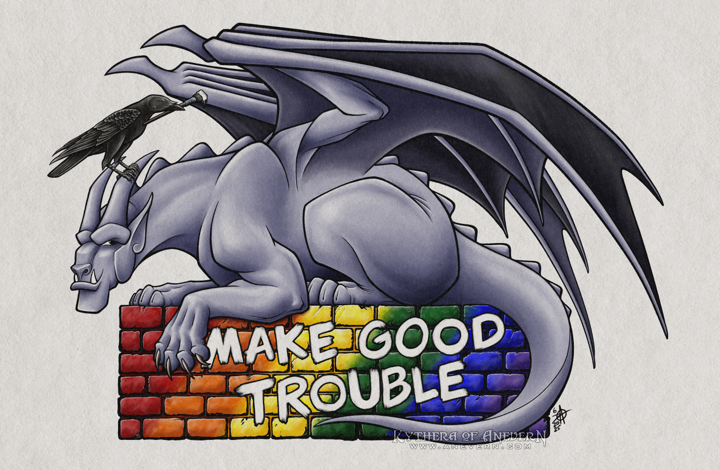 Digital drawing of a grayish-purple gargoyle perched on a low brick wall. The brick wall is painted in a red-orange-yellow-green-blue-purple gradient. The words 'MAKE GOOD TROUBLE' are painted in white on the wall. ONe of the gargoyle's paws is hanging over the edge of the wall with claws extended. A black crow is perched on one of the gargoyle's horns. The crow is holding a paintbrush with white paint on the bristles in its beak. Both animals look pleased or satisfied, like they are challenging the viewer to follow the advice of the writing on the wall.
