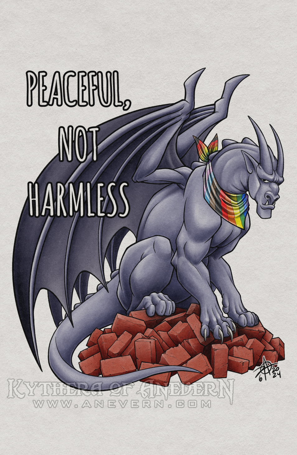 Digital drawing of a grayish-purple gargoyle sitting on a pile of red bricks. The gargoyle is wearing a bandanna with 'Progress Pride' colors around its neck. The claws of one of the gargoyle's paws are extended.