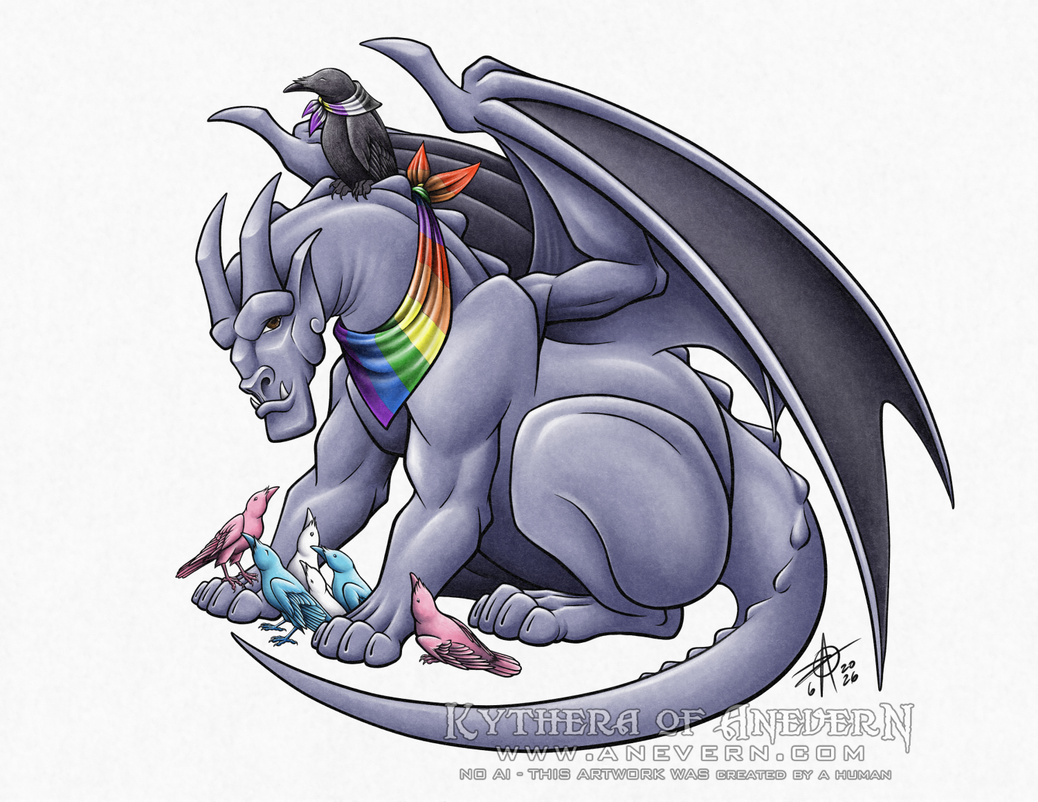 Digital drawing of a grayish-purple gargoyle sitting upright and leaning forward, with its neck arched protectively over six crow nestlings (two pink, two blue, and two white--transgender pride flag colors) gathered between and around its front paws, all looking up at the gargoyle. One of the pink nestlings is perched on the toes of the gargoyle's right front paw. The gargoyle has a rainbow pride scarf around its neck. An adult black crow is purched on the arch of the gargoyle's neck, and is wearing a yellow-purple-white-black nonbinary pride scarf around its neck. The crow looks quite pleased. The gargoyle is looking sideways at the viewer with a proud, content expression that suggests they are happy to protect the clutch of nestlings while still taking the job seriously.