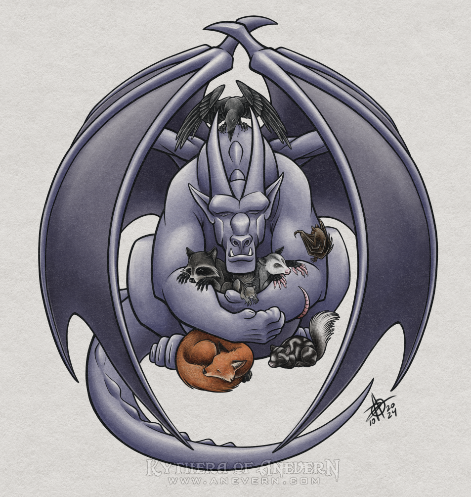 Digital drawing of a grayish-purple gargoyle with its eyes closed and a peaceful expression on its face. The gargoyle is sitting on its haunches and leaning over with its wings arched forward around a group of other small animals: A racoon, gray squirrel, and opossum are held in the gargoyle's cupped front legs. A brown bat is clinging to one of the gargoyle's shoulders. A red fox is curled up and sleeping near one of the gargoyle's hind feet. A striped skunk is near the gargoyle's other foot. A black crow is perched on the arch of the gargoyle's neck, also extending its wings forward and around to mirror the gargoyle's pose.