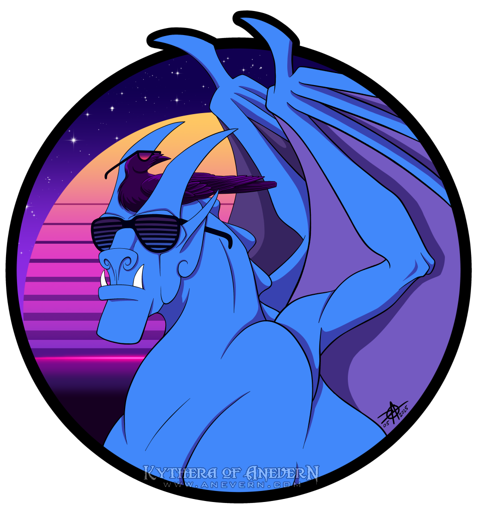 Digital drawing in a retro 'synthwave' or 'vaporwave' style. The colors are mostly flat with cell-style shading. Gargoyle's head and shoulders are contained in a circular frame. The tops of the gargoyle's wings extend beyond the circle border. Crow is 'loafing' on top of the gargoyle's head. The gargoyle is wearing black 'shutter shades' and the crow is wearing small (but still too large) sunglasses with mirrored lenses that reflect a sunset gradient. The background behind the characters shows a starry night sky and a stylized setting sun. The horizon is a glowing pink 'neon' line. Both characters are 'off-model' colors; the crow is purple and the gargoyle is cyan blue with purple wing membranes.