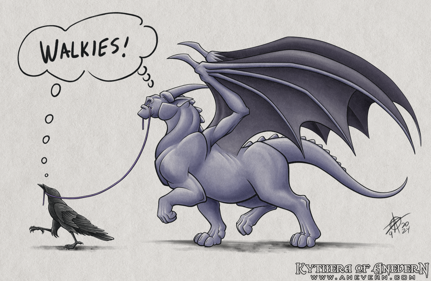 Digital drawing of a black crow and grayish-purple gargoyle are walking in profile from right to left across the frame. Both animals look pleased, and each is holding one end of a long purple string. They both share a thought bubble that says 'WALKIES!'