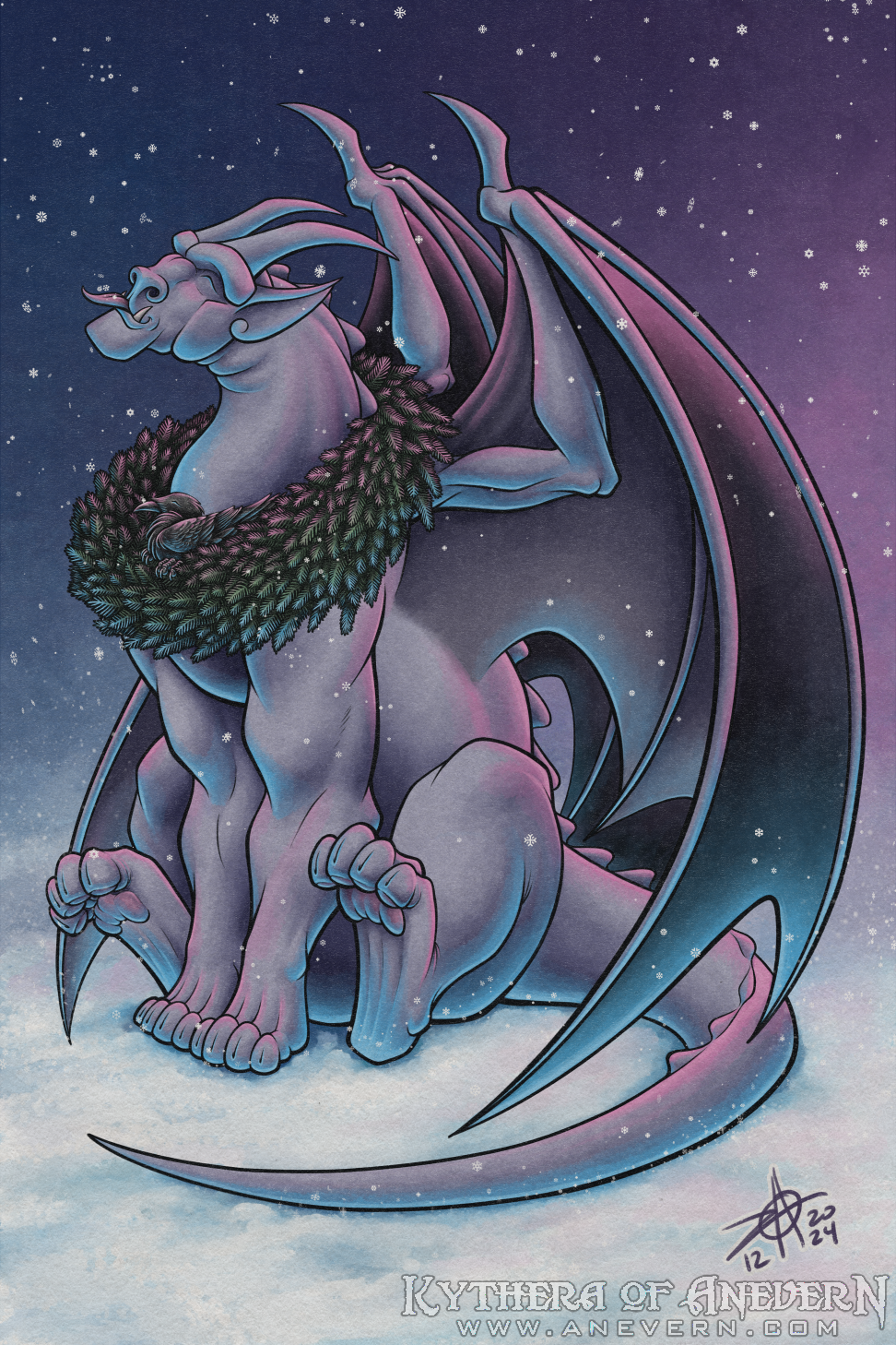 Digital drawing of a grayish-purple gargoyle sitting on its haunches in a snowy nighttime scene. The gargoyle has a large wreath of green pine boughs around its neck. A black crow is nestled in the crook of the wreath against the gargoyle's neck, looking content. The gargoyle's expression looks very pleased, with its head is tilted up and its tongue is extended to catch a falling snowflake. The scene is lit with a pink highlight from the upper right of the frame. Blue reflected light from the snow highlights the animals from below.