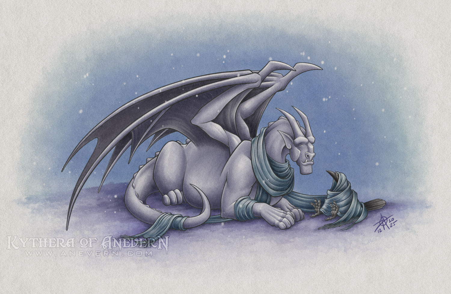 Digital drawing of a grayish-purple gargoyle and a black crow in a snowy nighttime scene. The gargoyle is reclining in a position similar to a cat 'loafing,' but with front paws visible. The gargoyle has comically long teal scarf wrapped around its neck, the end of its tail (which is curved forward toward the viewer), and one of its front legs. The same scarf extends to the gargoyle's side where it wraps several times around the crow. Only the crow's beak feet, and tail feathers are visible sticking out of the folds of the scarf.