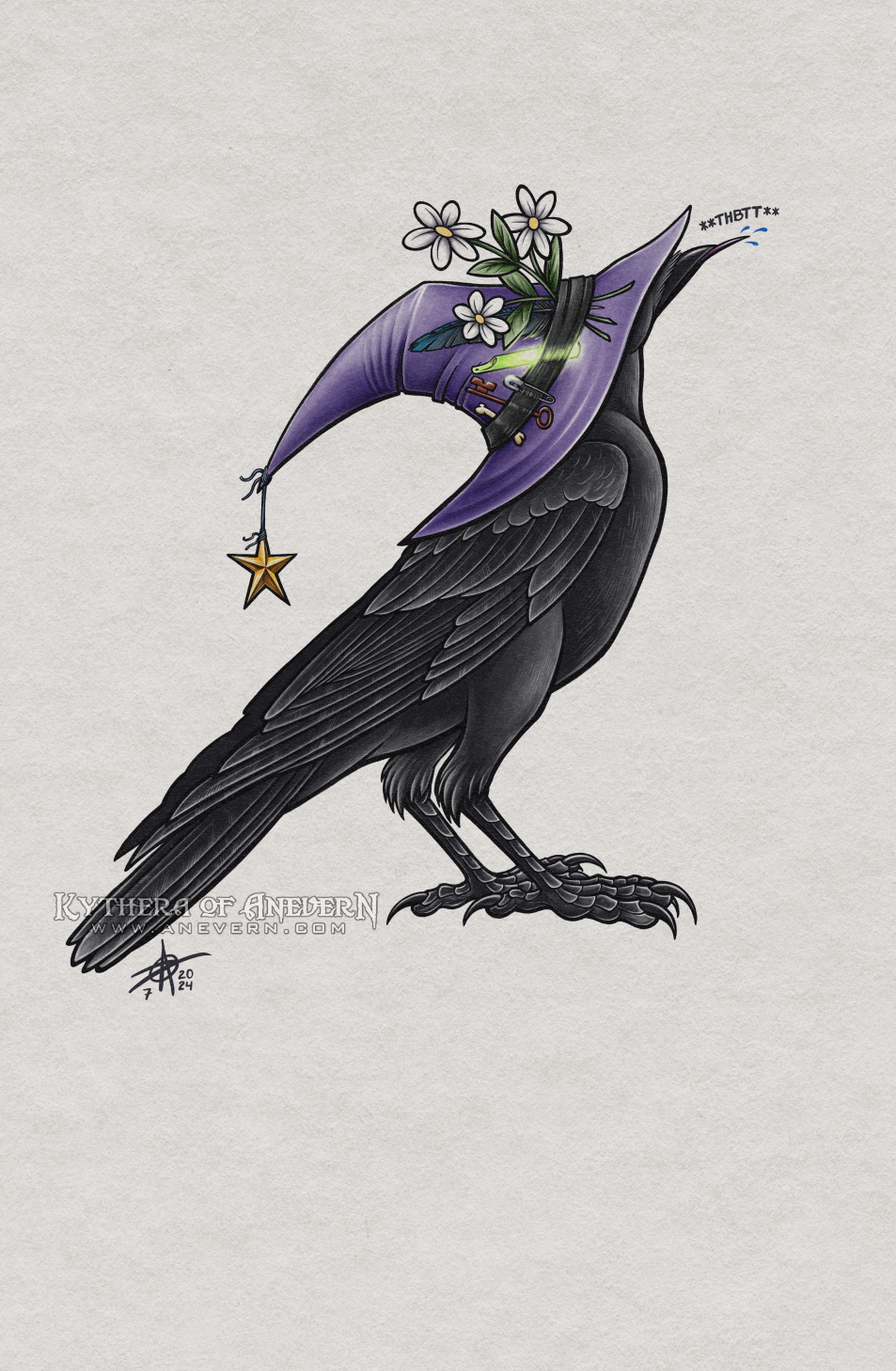 Digital drawing of a black crow wearing an extremely large purple witch hat. The hat has a black hatband. Various items like a key, three white flowers, and a green glow-stick are tucked into the hatband. A gold star is hanging from the point of the hat by a string. The crow is sticking out its tongue to blow a raspberry, indicated by '**THBTT**' in tiny text and three spraying drops of spit.